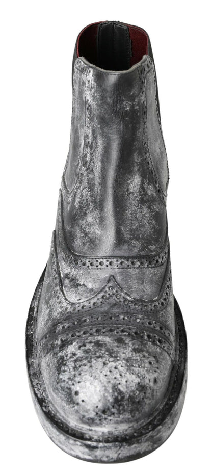 Dolce &amp; Gabbana Black Gray Leather Ankle Boots