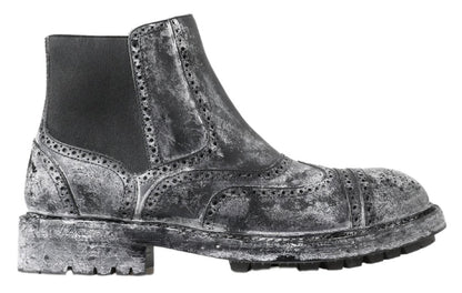 Dolce &amp; Gabbana Black Gray Leather Ankle Boots