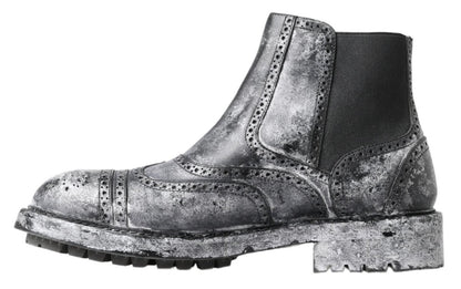 Dolce &amp; Gabbana Black Gray Leather Ankle Boots