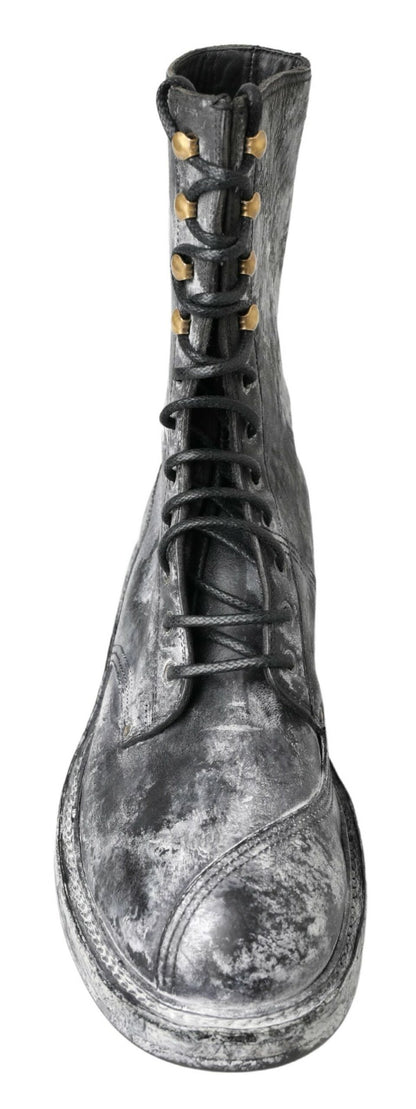 Dolce &amp; Gabbana Black Gray Leather Mid Calf Boots Shoes