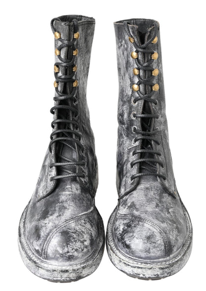 Dolce &amp; Gabbana Black Gray Leather Mid Calf Boots Shoes