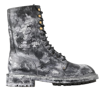 Dolce &amp; Gabbana Black Gray Leather Mid Calf Boots Shoes