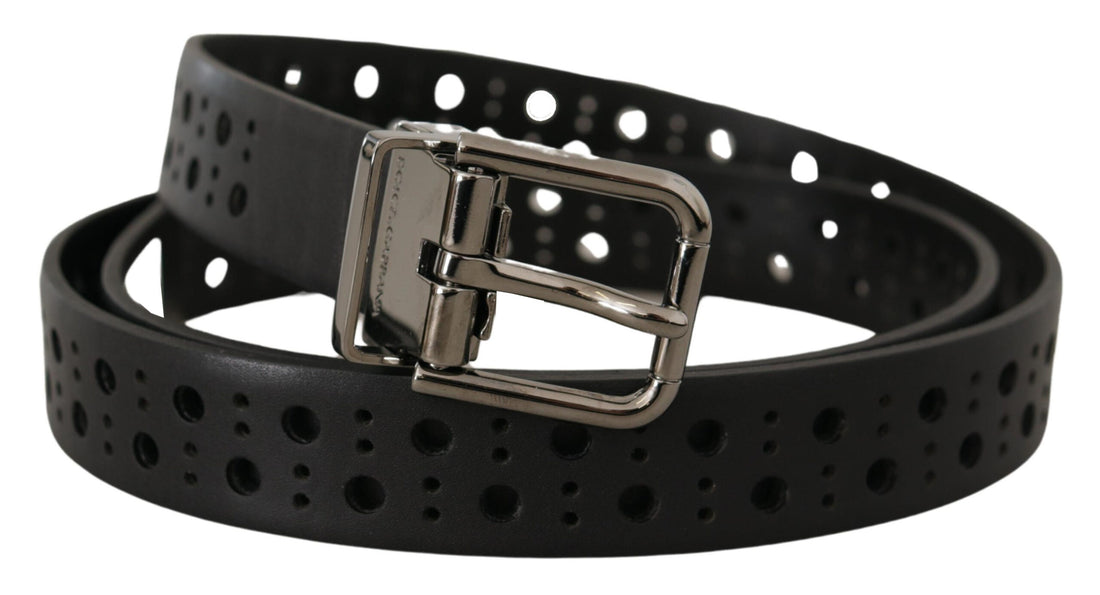Dolce &amp; Gabbana Black Calf Leather Perforated Metal Buckle Belt