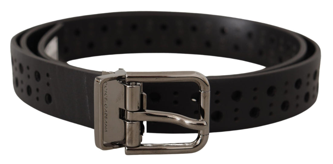 Dolce &amp; Gabbana Black Calf Leather Perforated Metal Buckle Belt