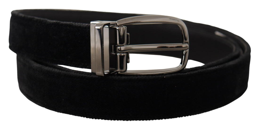 Dolce &amp; Gabbana Black Velvet Classic Logo Engraved Metal Belt