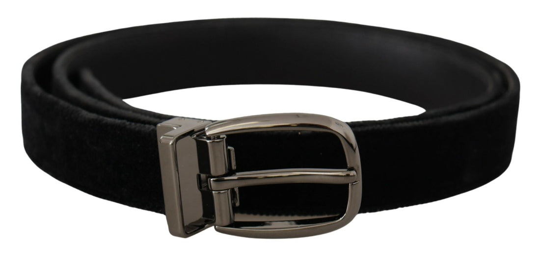 Dolce &amp; Gabbana Black Velvet Classic Logo Engraved Metal Belt