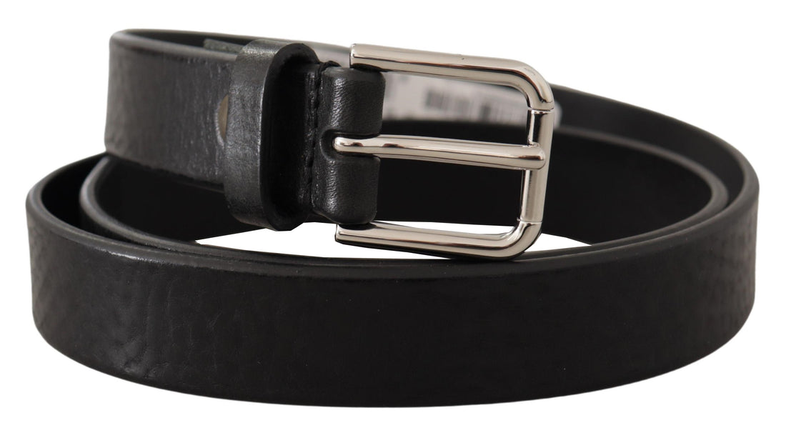 Dolce &amp; Gabbana Black Calf Leather Silver Tone Logo Metal Buckle Belt