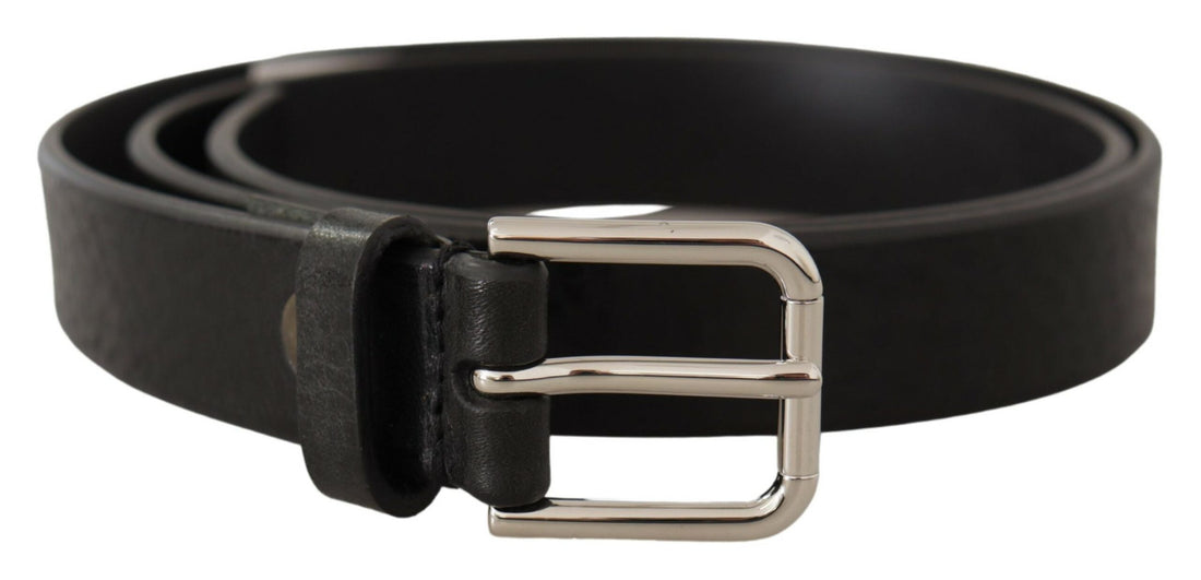 Dolce &amp; Gabbana Black Calf Leather Silver Tone Logo Metal Buckle Belt