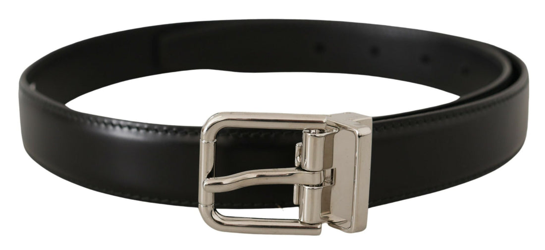 Dolce &amp; Gabbana Black Calf Leather Logo Engraved Metal Buckle Belt