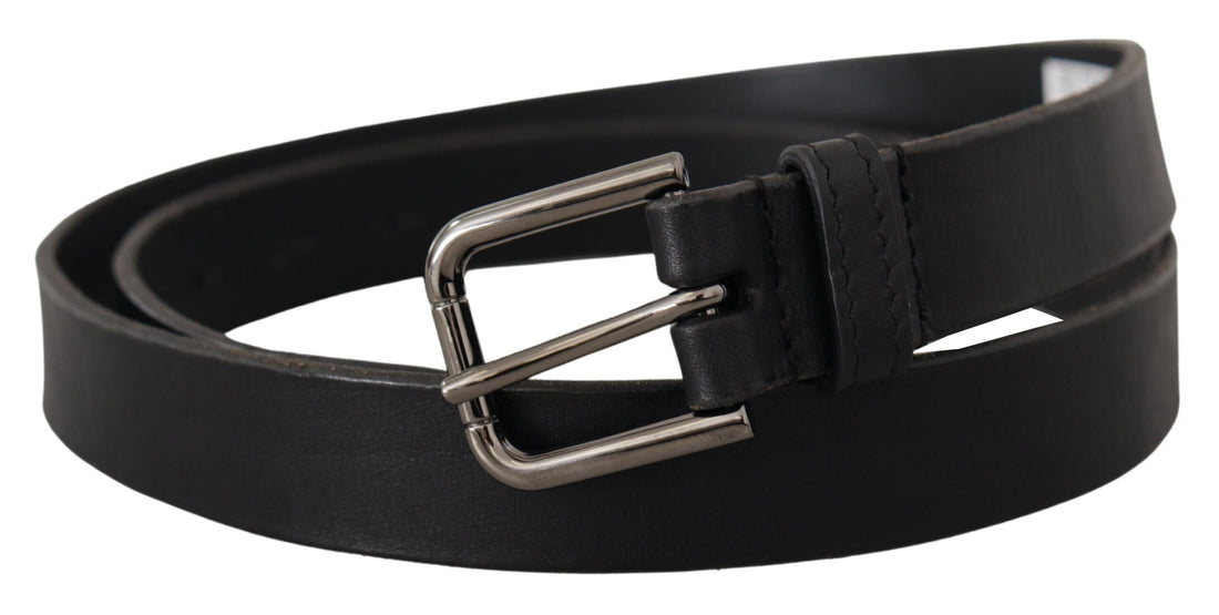 Dolce &amp; Gabbana Black Calf Leather Logo Engraved Metal Buckle Belt