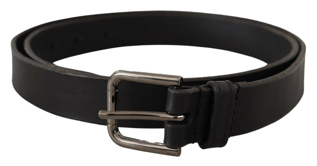 Dolce &amp; Gabbana Black Calf Leather Logo Engraved Metal Buckle Belt
