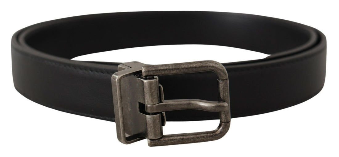 Dolce &amp; Gabbana Black Plain Leather Vintage Logo Metal Buckle Belt