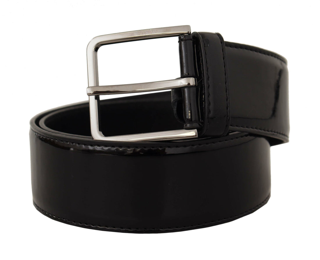 Dolce &amp; Gabbana Black Patent Leather Logo Engraved Buckle Belt