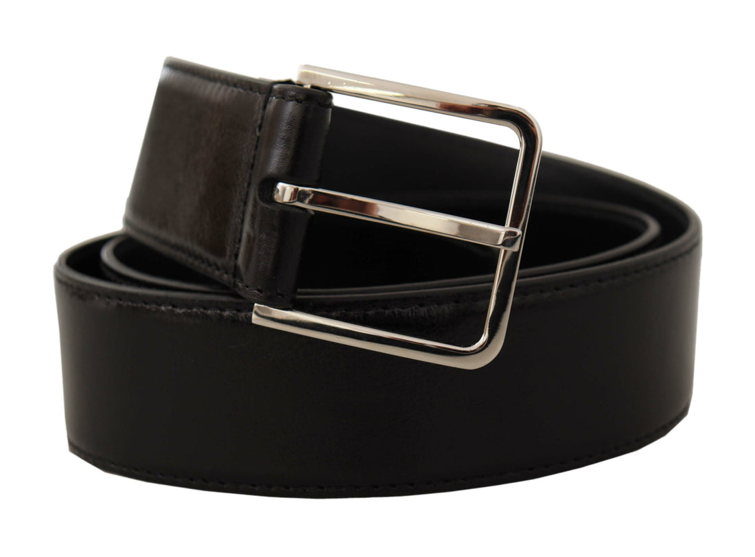 Dolce &amp; Gabbana Black Calf Leather Logo Engraved Metal Buckle Belt
