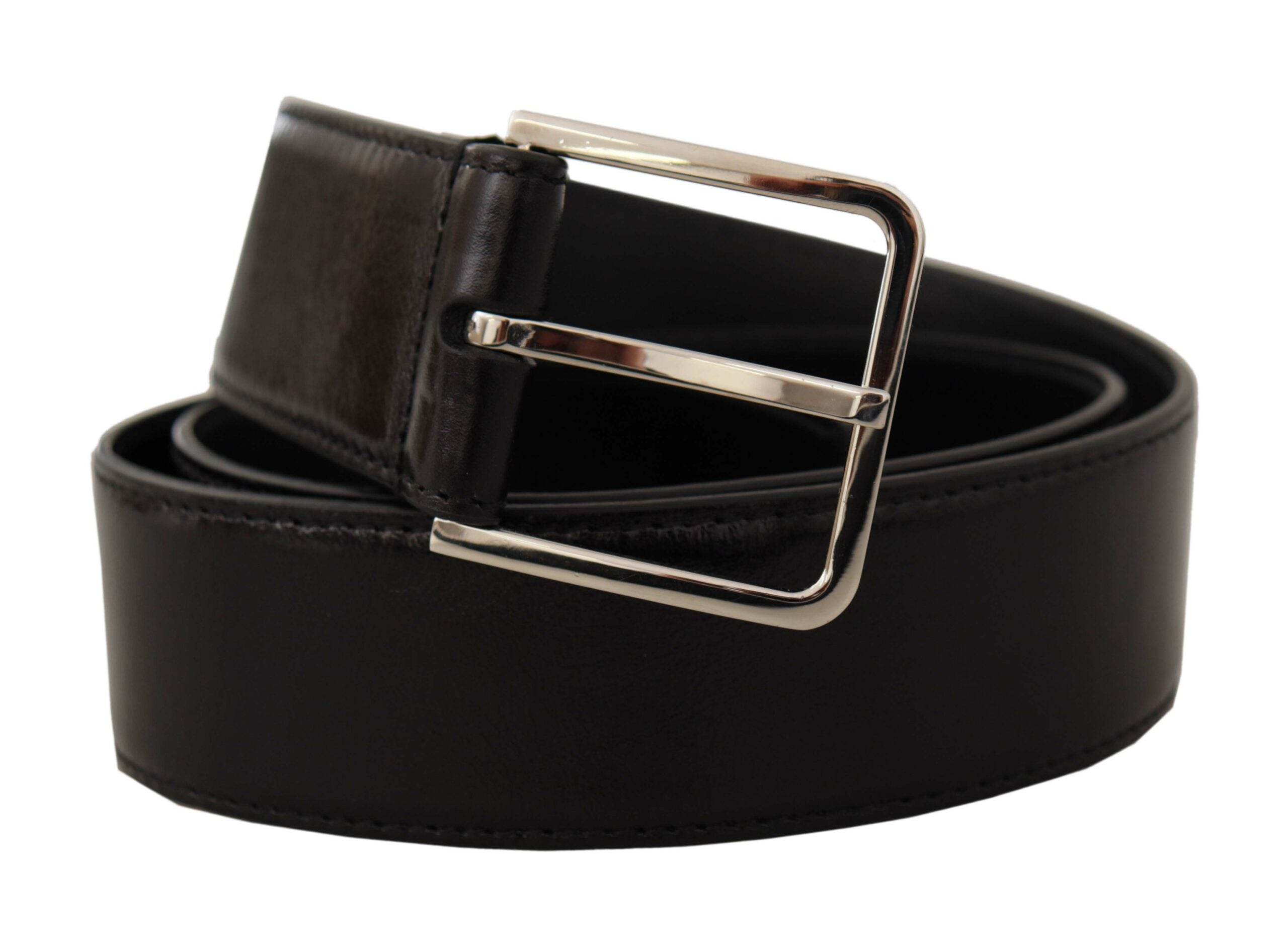 Dolce &amp; Gabbana Black Calf Leather Logo Engraved Metal Buckle Belt