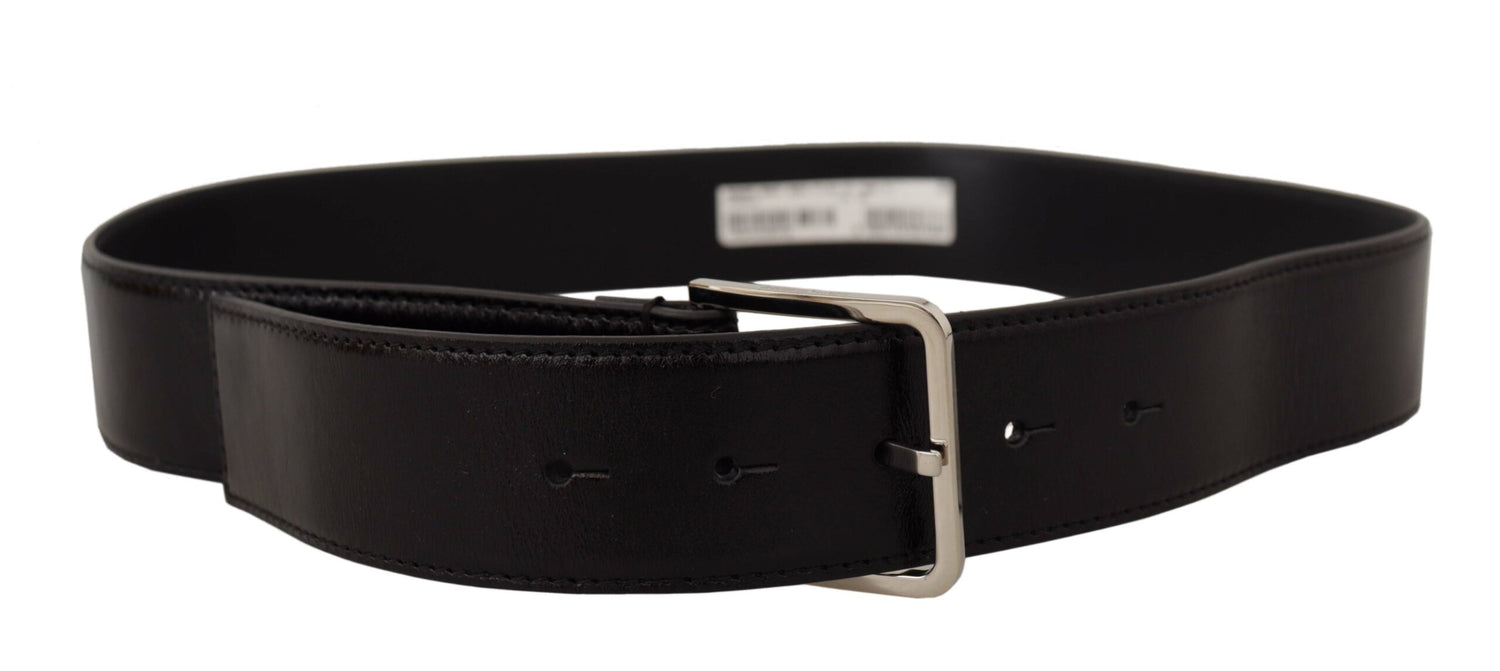 Dolce &amp; Gabbana Black Calf Leather Logo Engraved Metal Buckle Belt