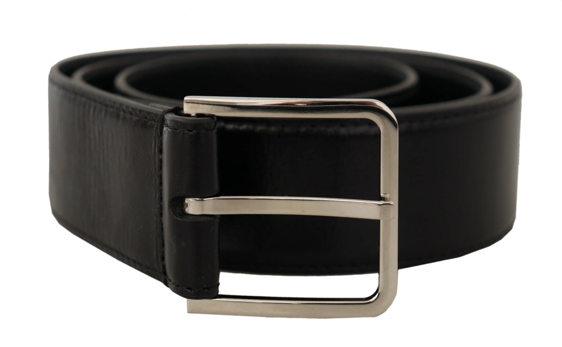 Dolce &amp; Gabbana Black Calf Leather Logo Engraved Metal Buckle Belt