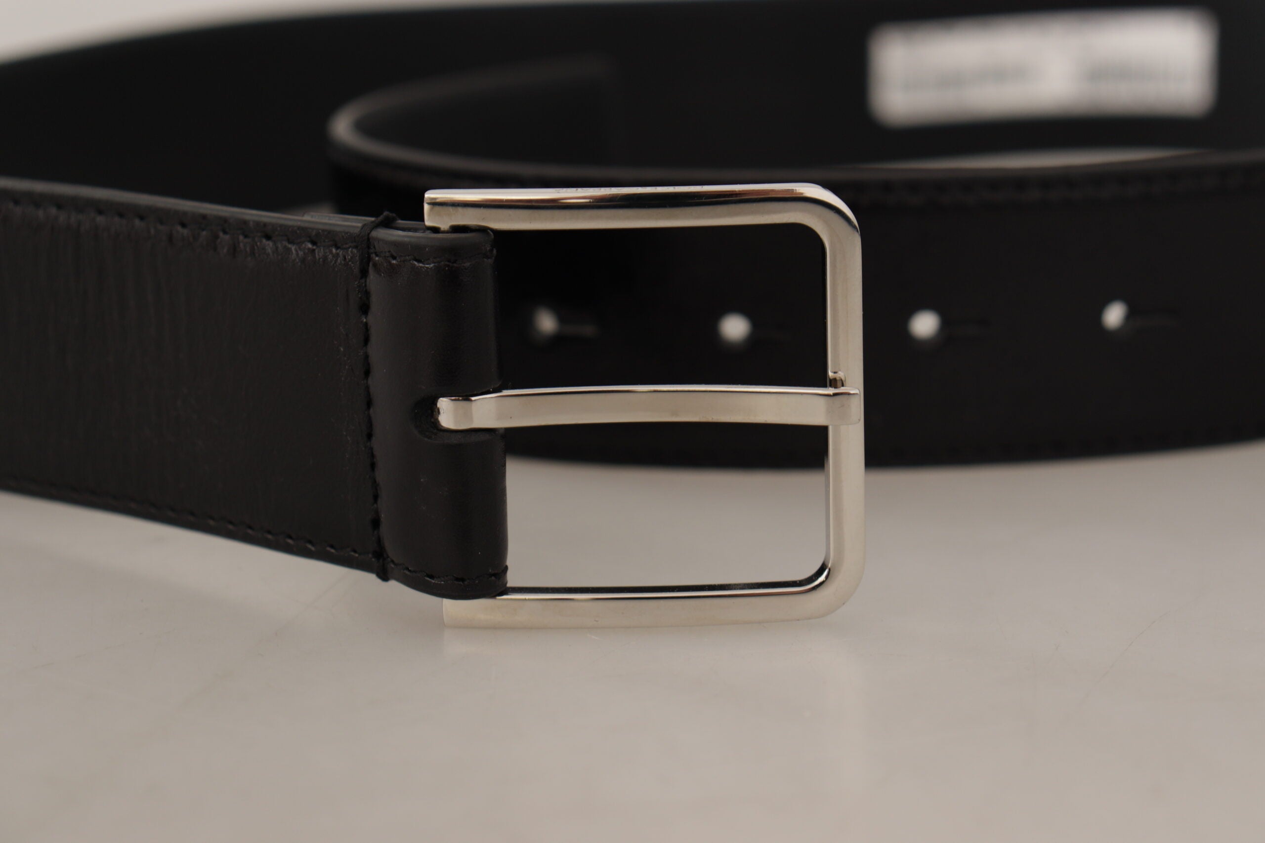 Dolce &amp; Gabbana Black Calf Leather Logo Engraved Metal Buckle Belt