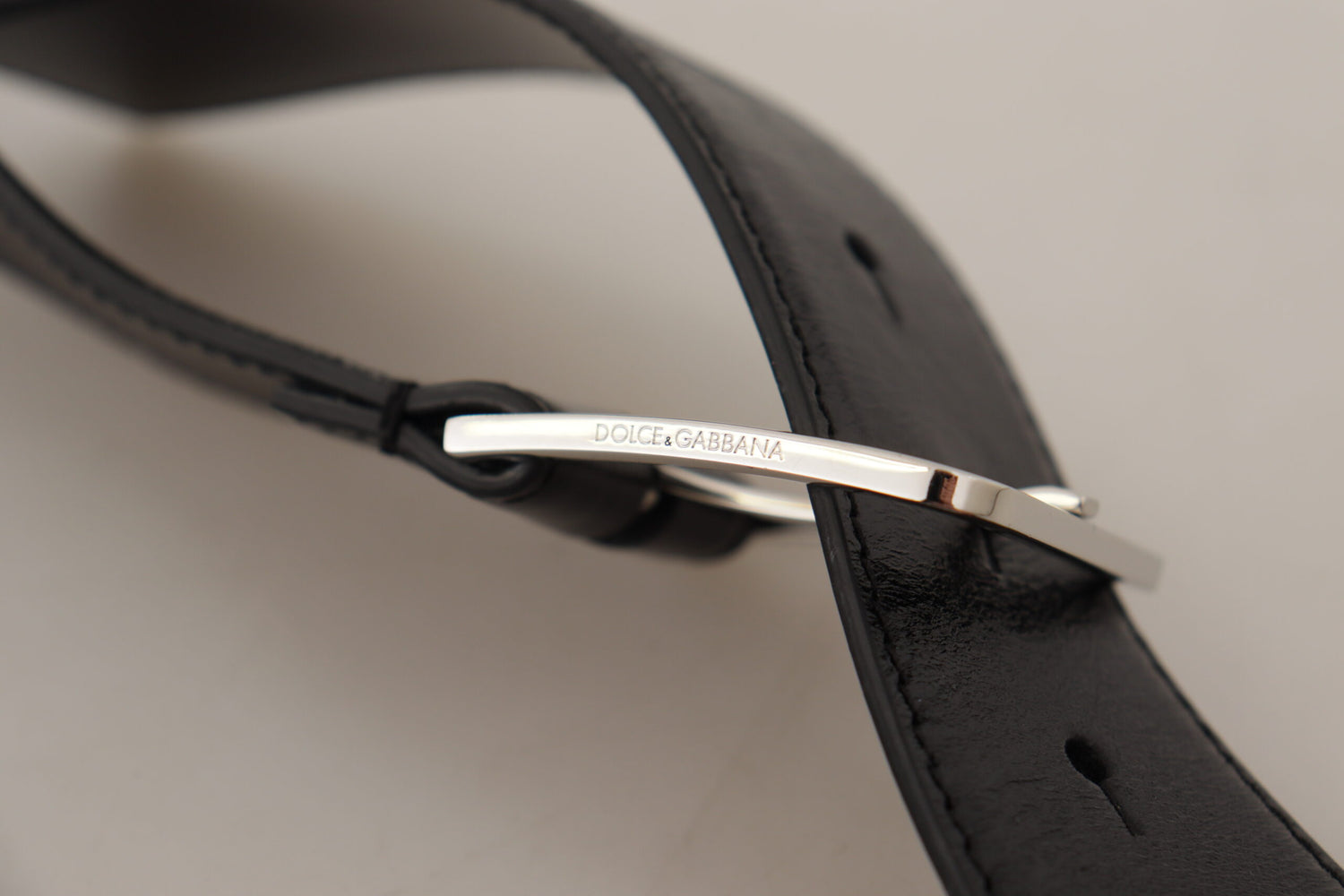 Dolce &amp; Gabbana Black Calf Leather Logo Engraved Metal Buckle Belt