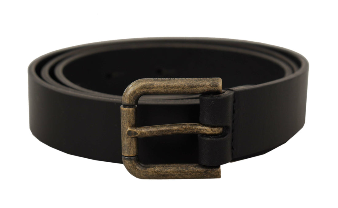 Dolce &amp; Gabbana Black Calf Leather Logo Brass Metal Buckle Belt