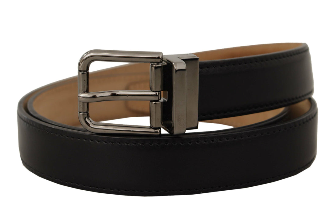 Dolce &amp; Gabbana Black Calf Leather Logo Engraved Metal Buckle Belt