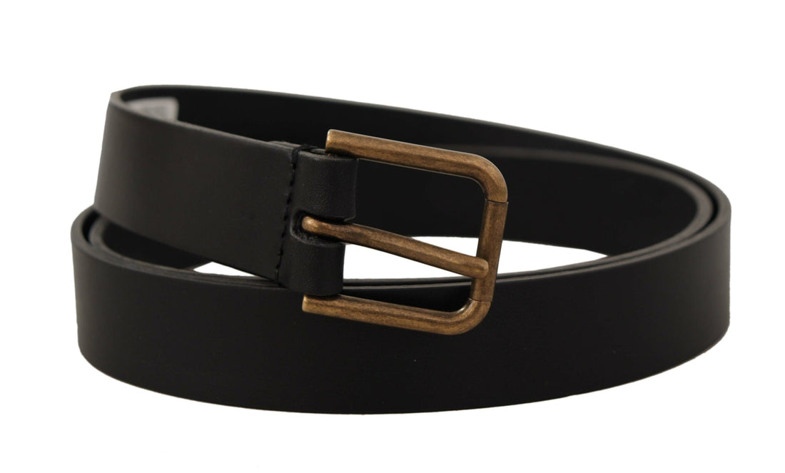 Dolce &amp; Gabbana Black Calf Leather Brass Logo Engraved Buckle Belt
