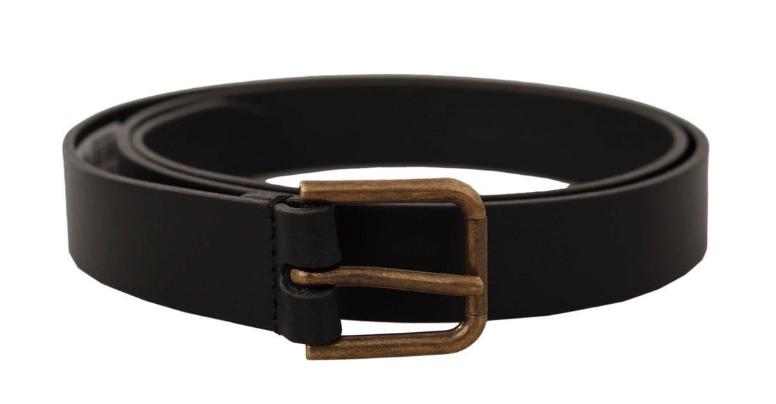 Dolce &amp; Gabbana Black Calf Leather Brass Logo Engraved Buckle Belt