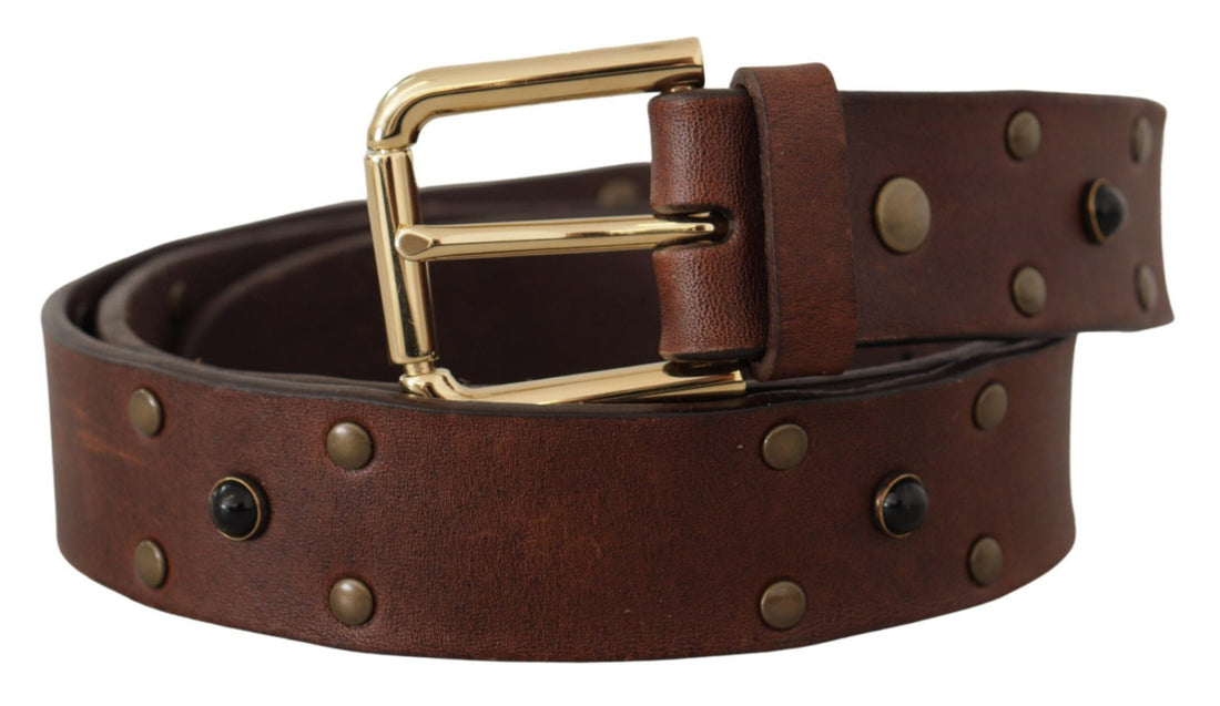 Dolce &amp; Gabbana Brown Leather Studded Gold Tone Metal Buckle Belt