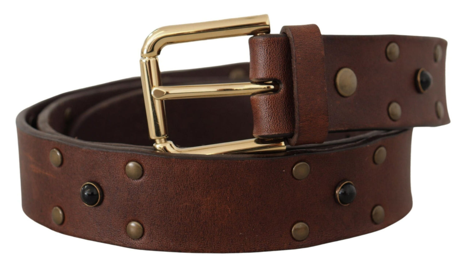 Dolce &amp; Gabbana Brown Leather Studded Gold Tone Metal Buckle Belt
