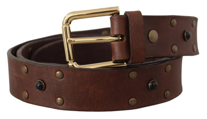 Dolce &amp; Gabbana Brown Leather Studded Gold Tone Metal Buckle Belt