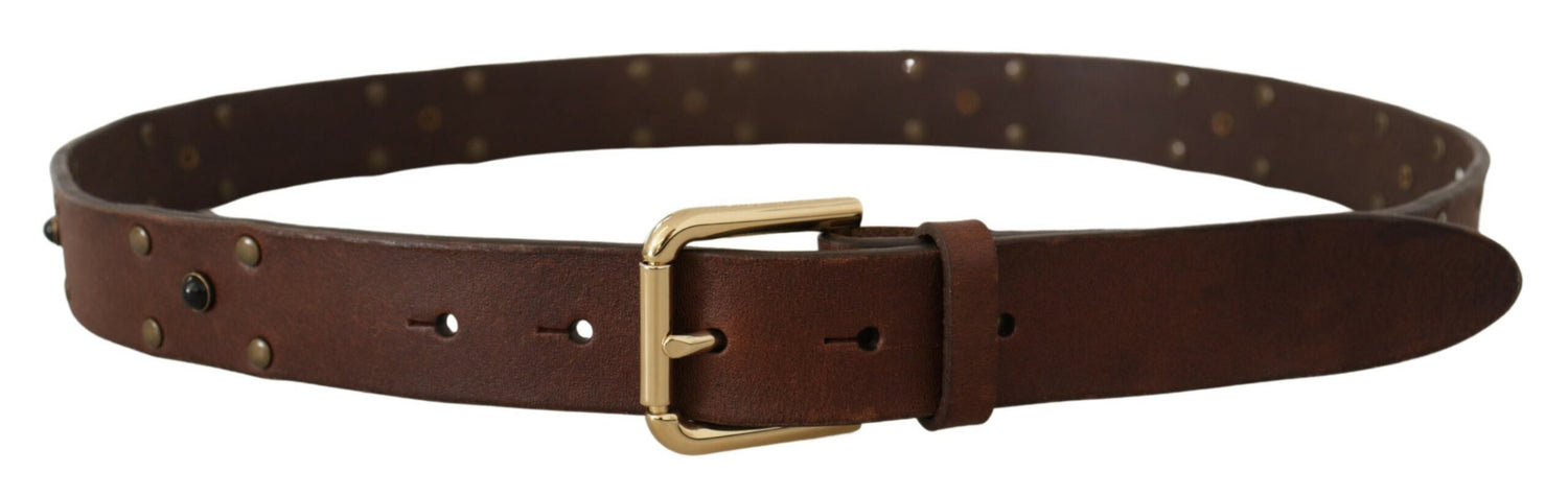 Dolce &amp; Gabbana Brown Leather Studded Gold Tone Metal Buckle Belt