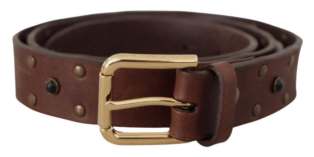 Dolce &amp; Gabbana Brown Leather Studded Gold Tone Metal Buckle Belt