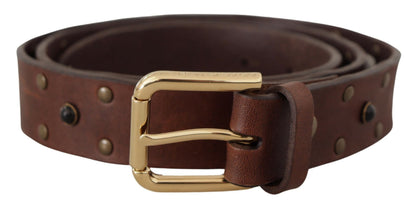 Dolce &amp; Gabbana Brown Leather Studded Gold Tone Metal Buckle Belt