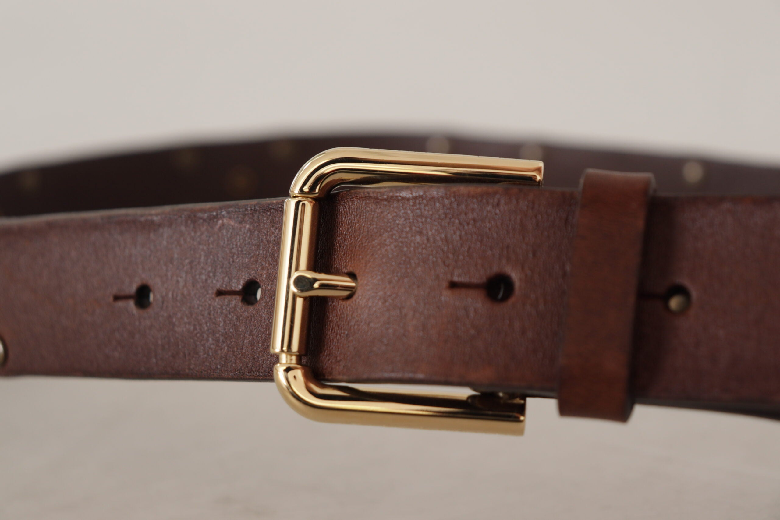 Dolce &amp; Gabbana Brown Leather Studded Gold Tone Metal Buckle Belt