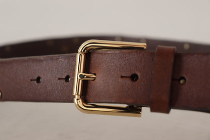 Dolce &amp; Gabbana Brown Leather Studded Gold Tone Metal Buckle Belt