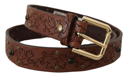 Dolce &amp; Gabbana Brown Leather Floral Studded Metal Buckle Belt