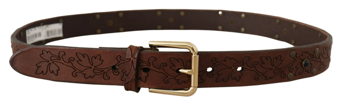Dolce &amp; Gabbana Brown Leather Floral Studded Metal Buckle Belt