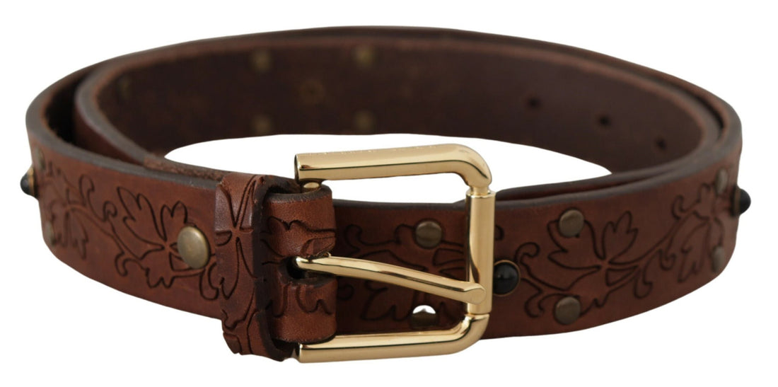 Dolce &amp; Gabbana Brown Leather Floral Studded Metal Buckle Belt