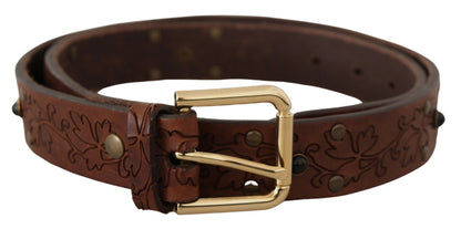 Dolce &amp; Gabbana Brown Leather Floral Studded Metal Buckle Belt