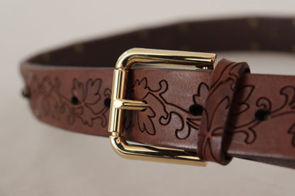 Dolce &amp; Gabbana Brown Leather Floral Studded Metal Buckle Belt