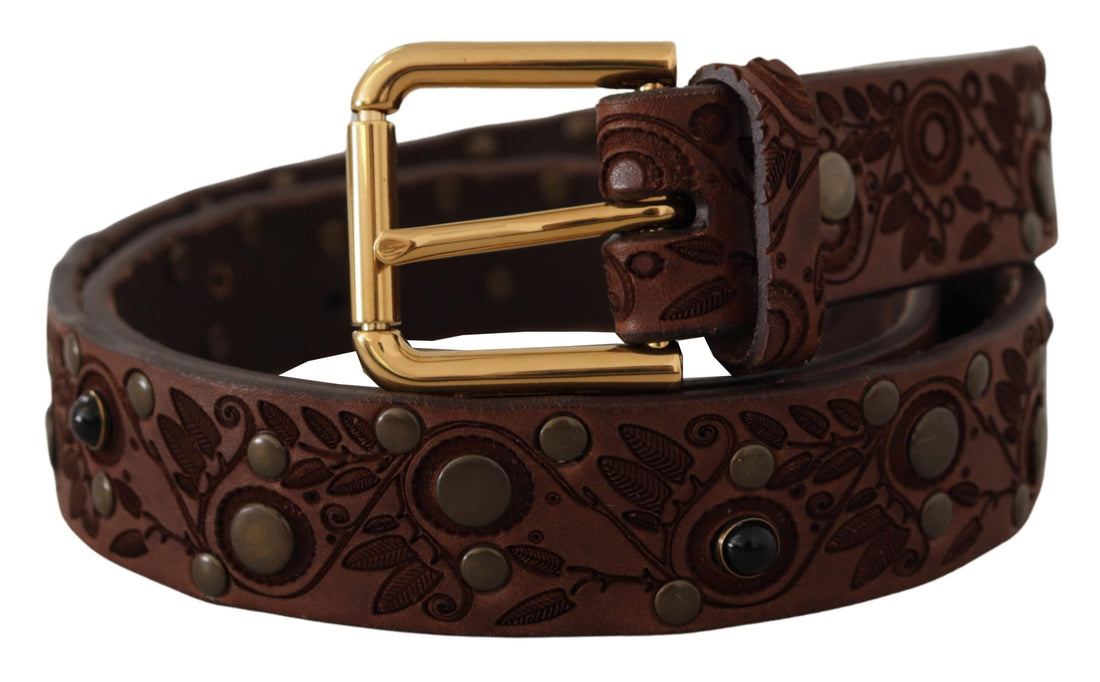 Dolce &amp; Gabbana Brown Calf Leather Embossed Gold Metal Buckle