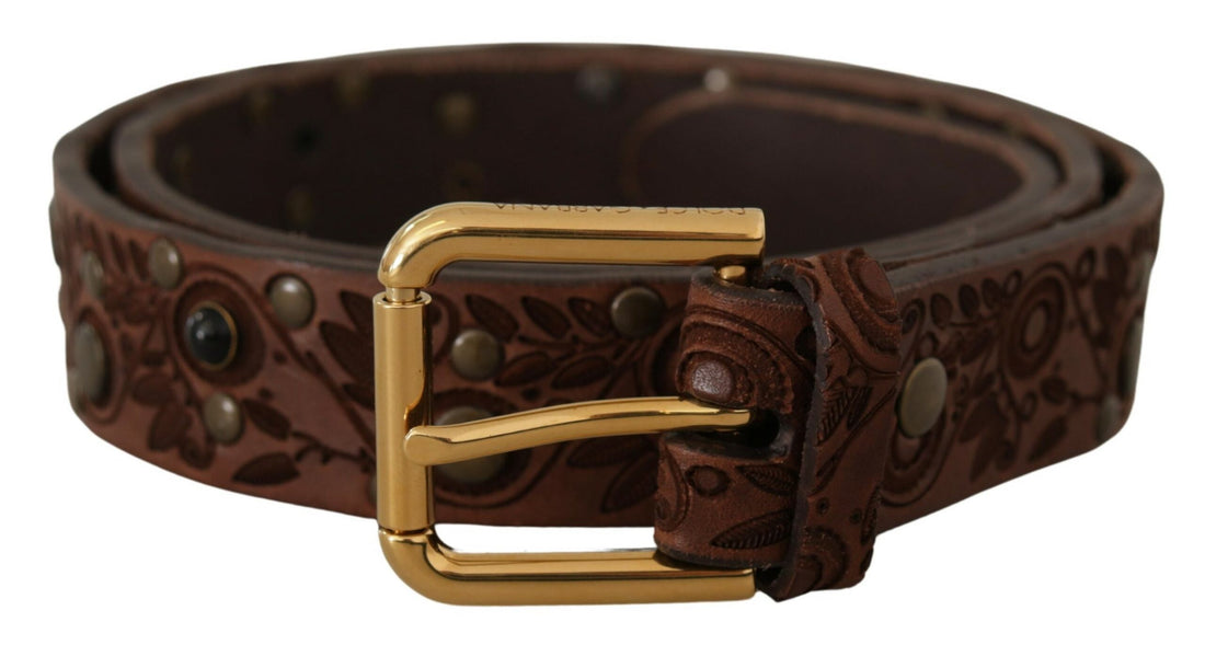 Dolce &amp; Gabbana Brown Calf Leather Embossed Gold Metal Buckle