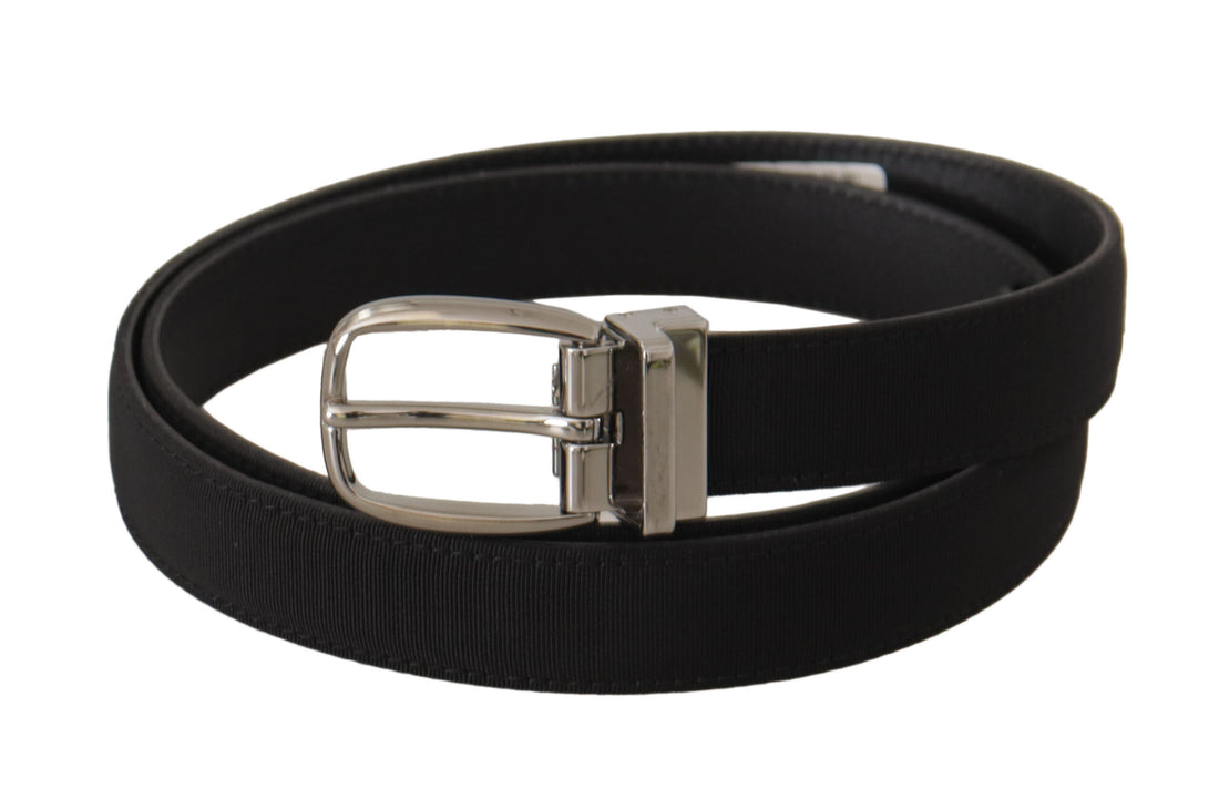 Dolce &amp; Gabbana Black Calf Canvas Silver Tone Logo Metal Belt