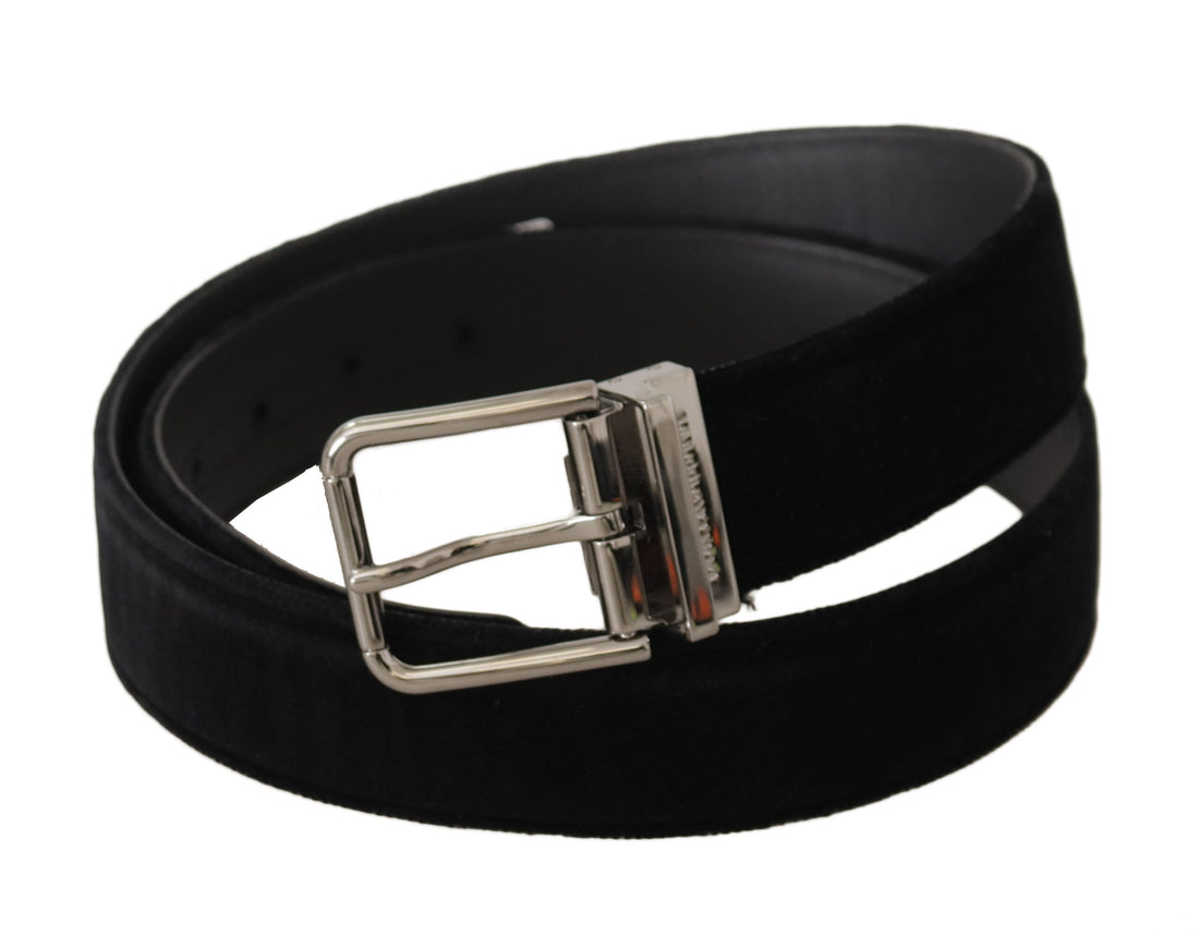 Dolce &amp; Gabbana Black Velvet Silver Logo Engraved Metal Buckle Belt