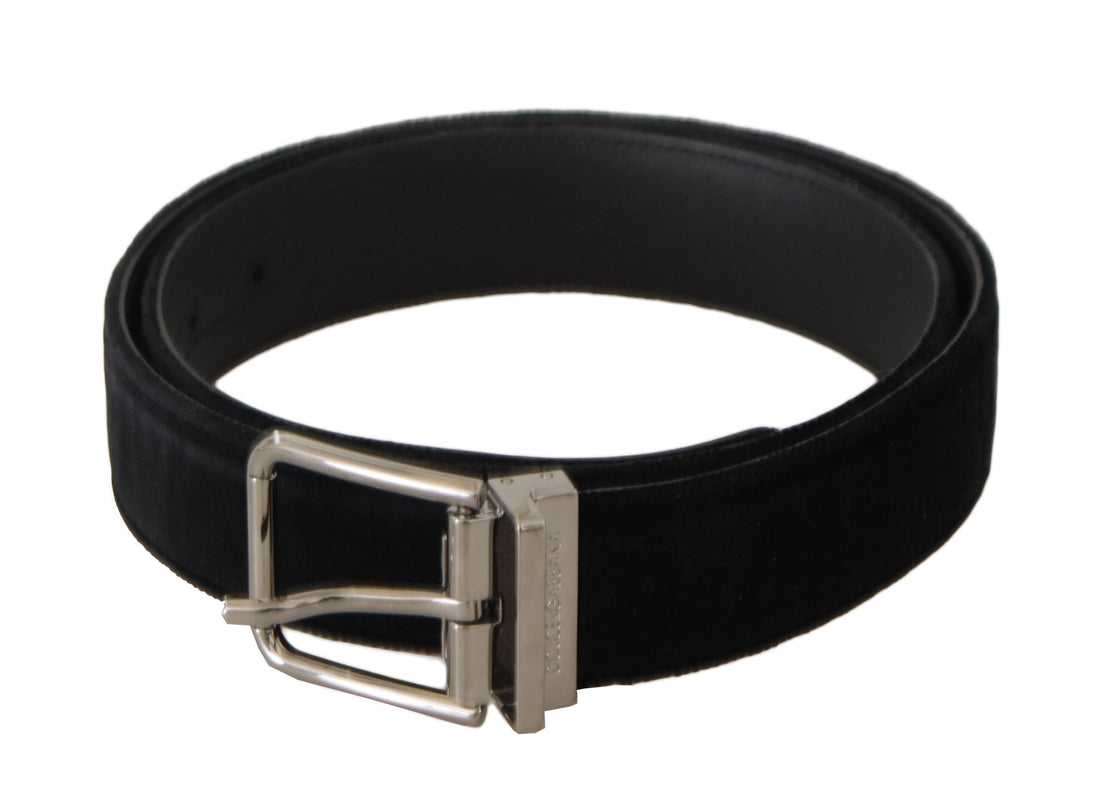 Dolce &amp; Gabbana Black Velvet Silver Logo Engraved Metal Buckle Belt