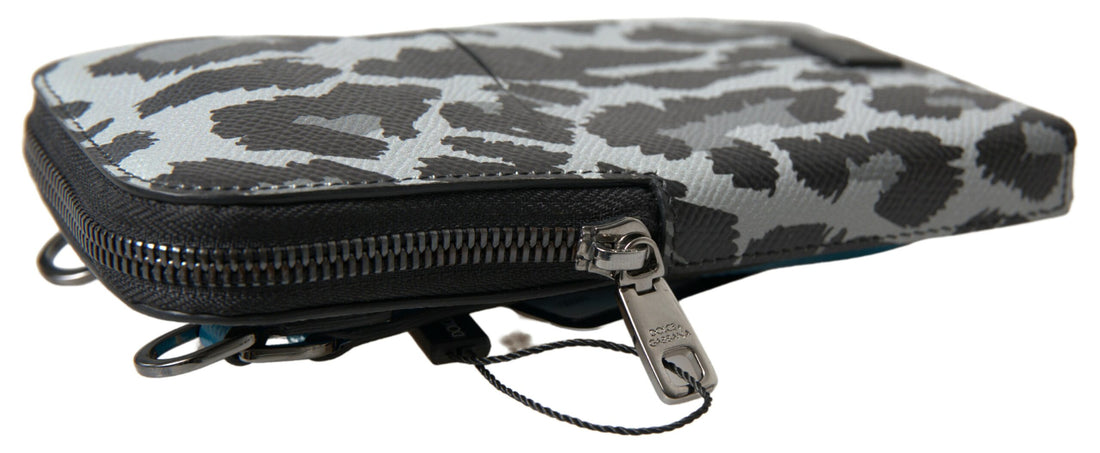 Dolce &amp; Gabbana Gray Leopard Leather Men Purse Crossbody Sling Phone Bag