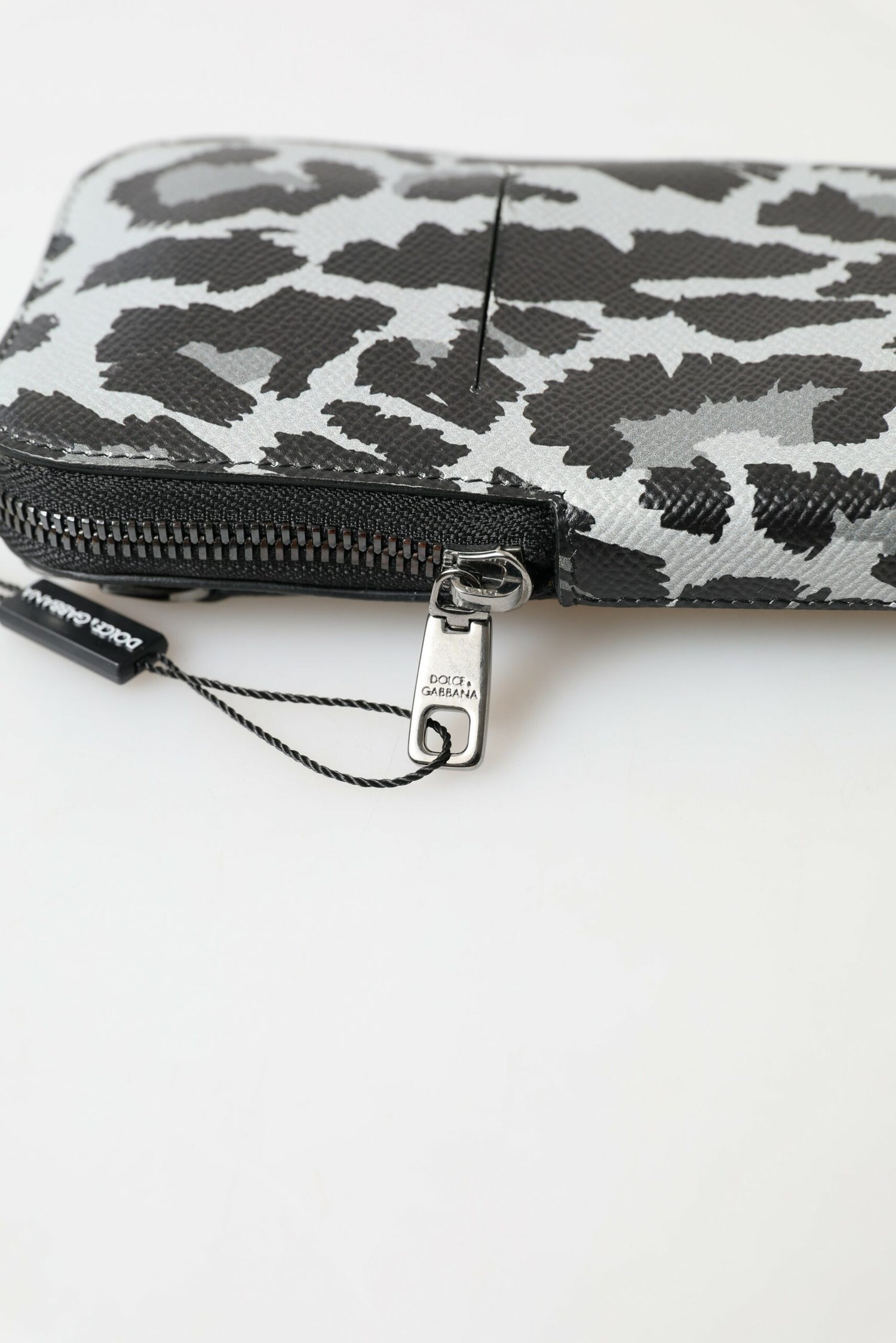 Dolce &amp; Gabbana Gray Leopard Leather Men Purse Crossbody Sling Phone Bag