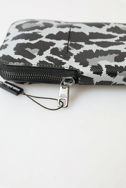 Dolce &amp; Gabbana Gray Leopard Leather Men Purse Crossbody Sling Phone Bag