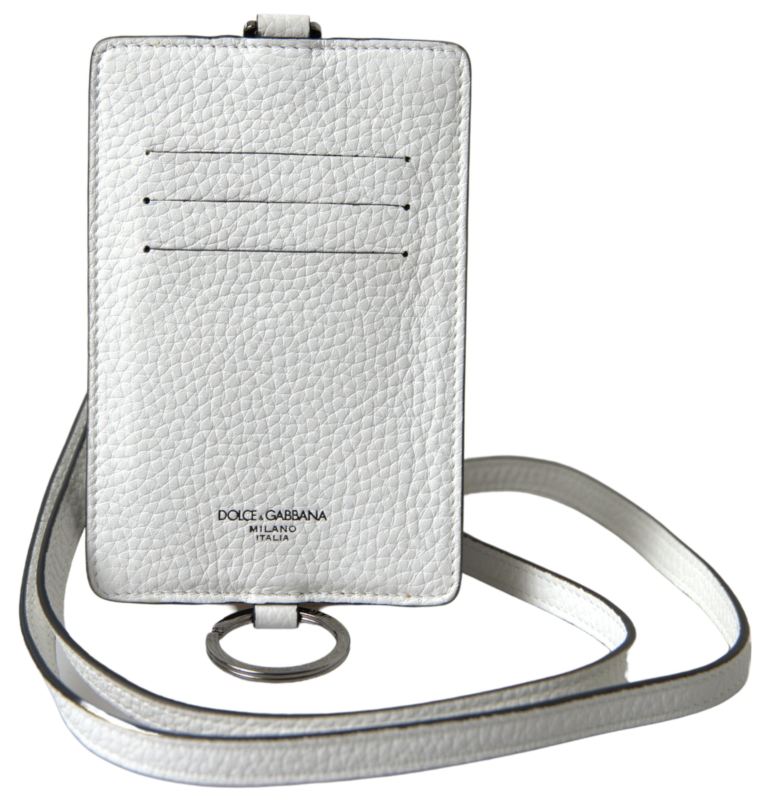 Dolce &amp; Gabbana White Leather Lanyard Logo Card Holder Men Wallet