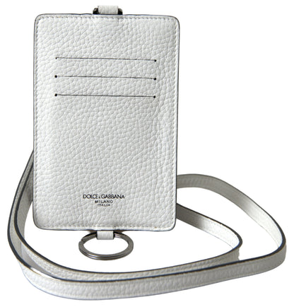 Dolce &amp; Gabbana White Leather Lanyard Logo Card Holder Men Wallet